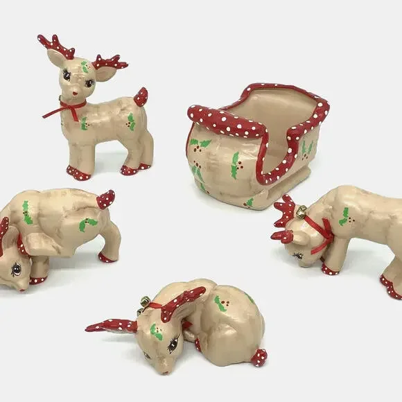 KIMPLE Christmas‎ Reindeer Sleigh Figurines Bells 5 Piece Set Vintage 1989